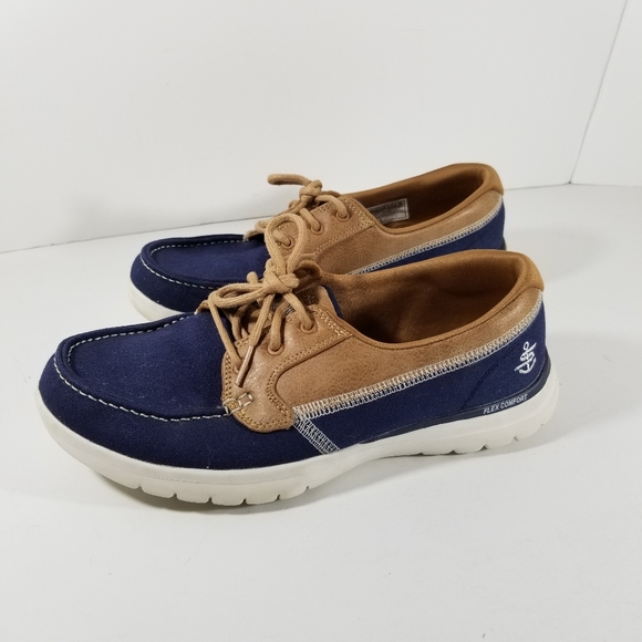 Skechers On The Go Flex Embark Shoes Women's 8.5 Nautical Goga Mat Navy Blue Tan - Picture 1 of 6